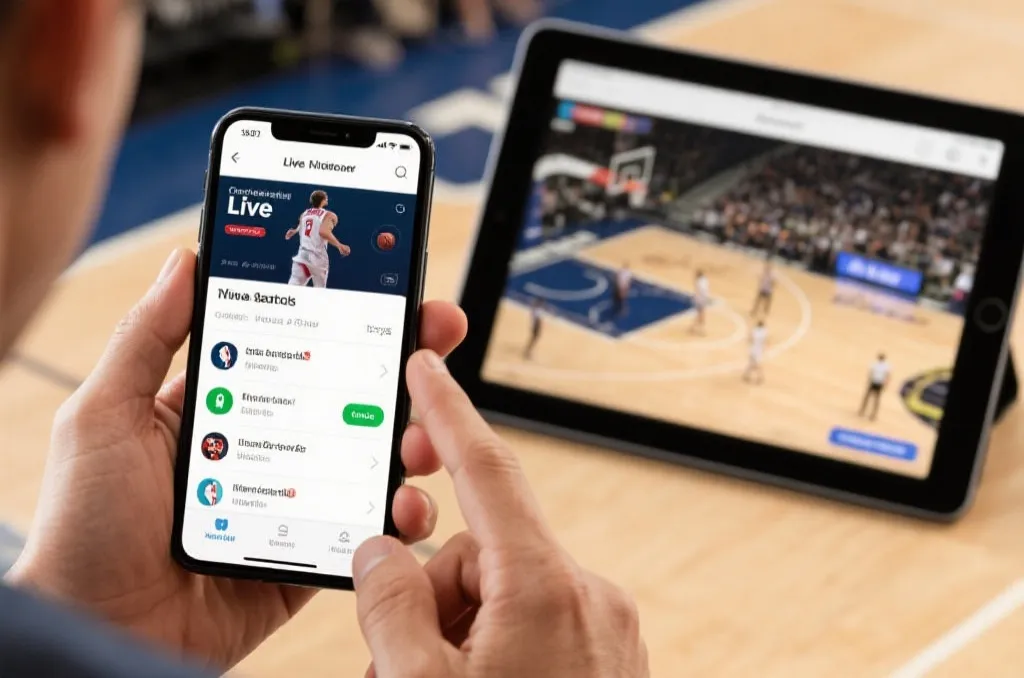 A person holding a smartphone showing live sports notifications with a tablet in the background playing a basketball game.
