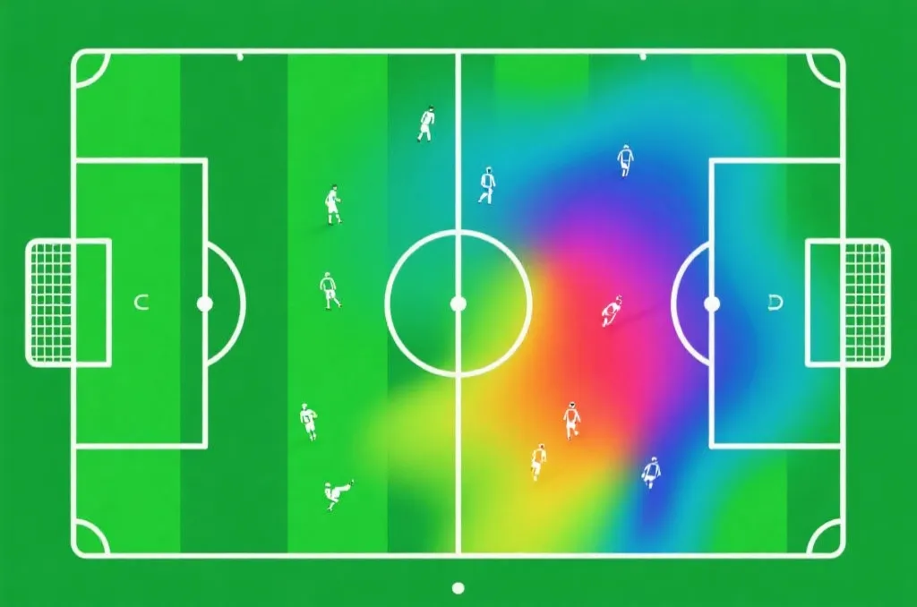 An abstract tactical diagram of a green soccer pitch with a colorful heat map overlay showing player activity density